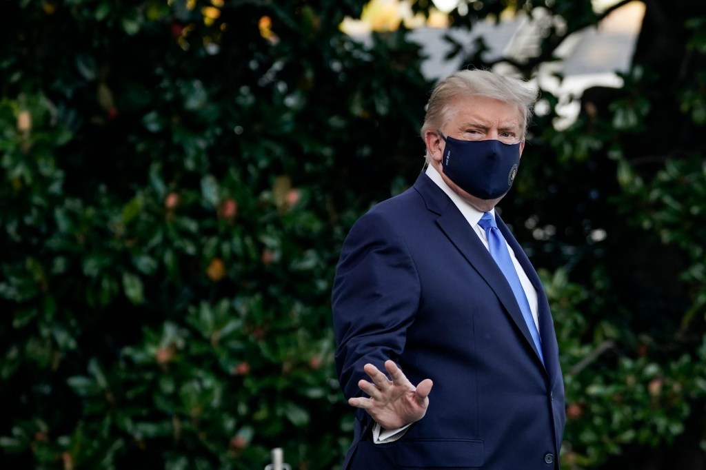 President Donald Trump leaves the White House for Walter Reed National Military Medical Center on the South Lawn of the White House on October 2, 2020 in Washington, DC.