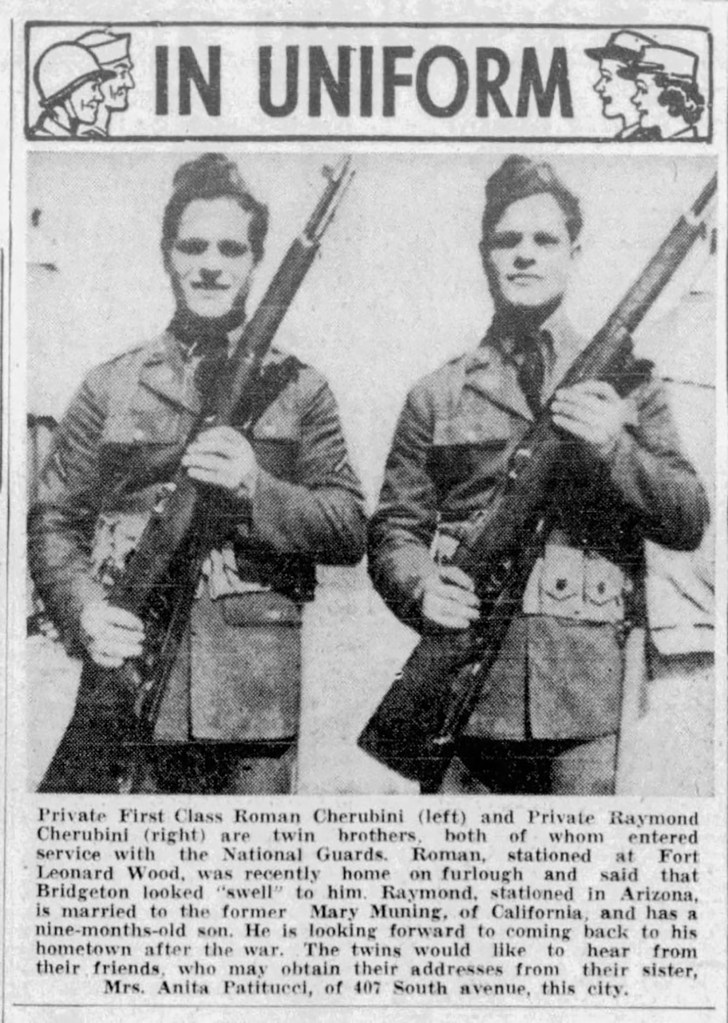 An image of a newspaper article about Roman Cherubini and his twin brother, Raymond, serving in World War II. both fotographed side by side in uniform holding rifles