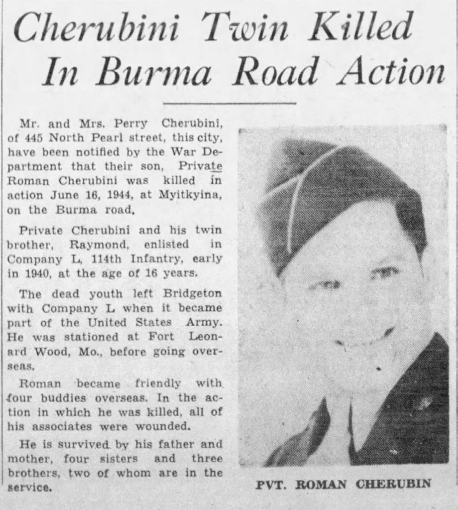 An image showing an old news article about Cherubini's death. the image features a headshot of a smiling cherubin in uniform and the headline cherubini twin killed in burma road action