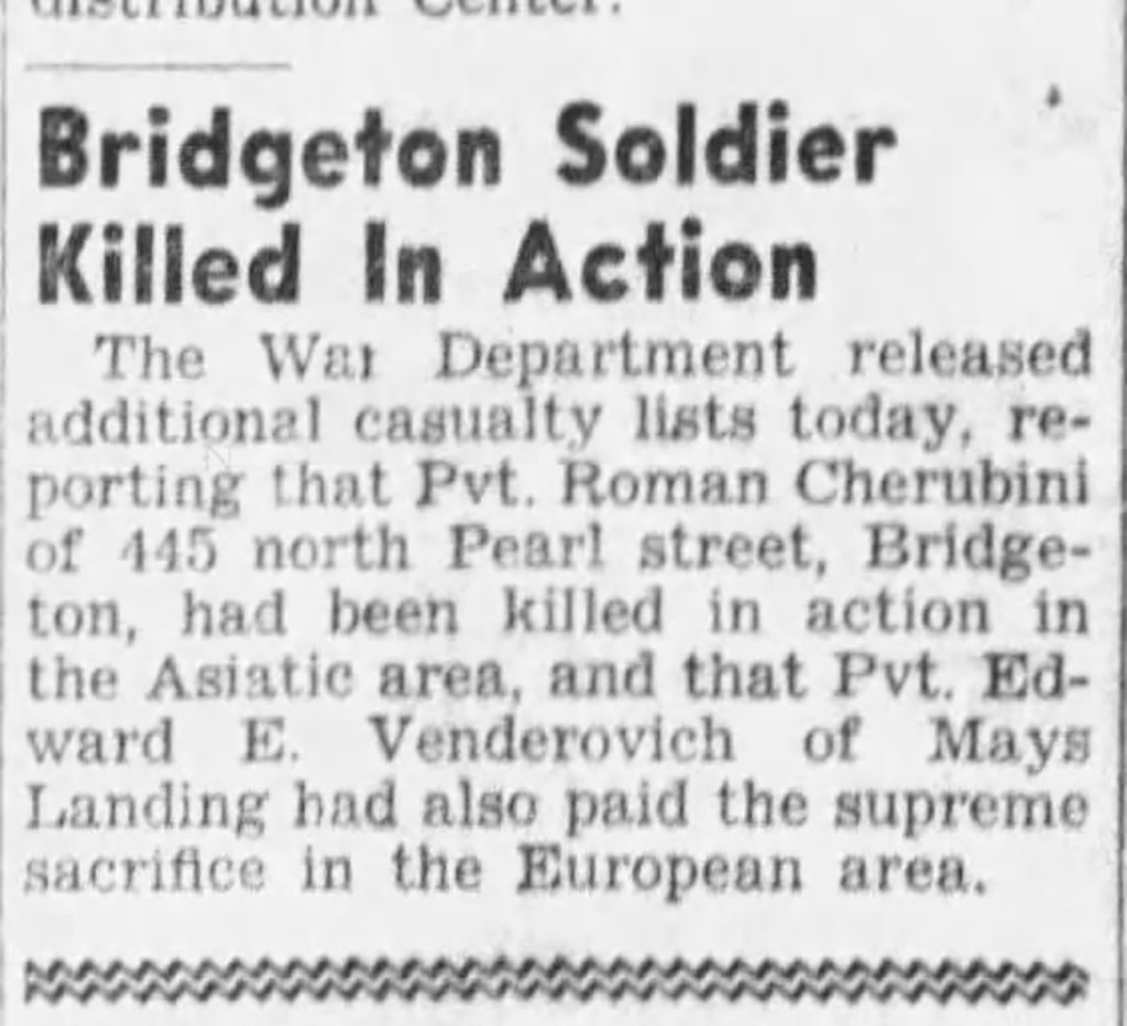An image showing an old news article about Cherubini's death. the headline reads bridgeton soldier killed in action