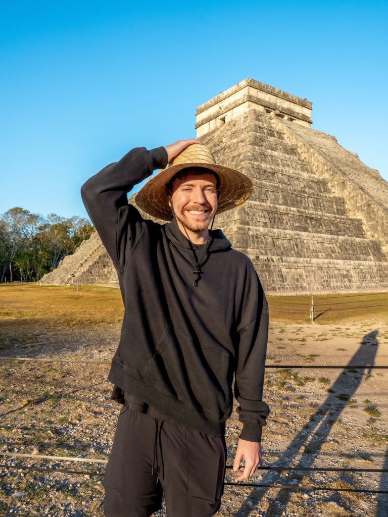 MrBeast standing in front of Mayan pyramids in Mexico