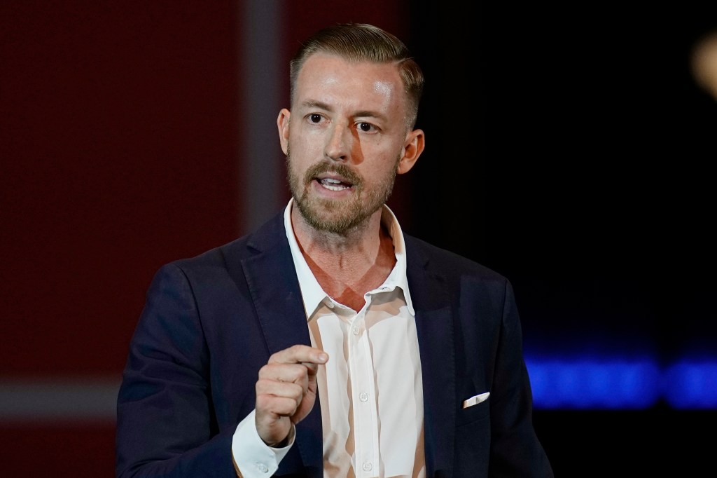Ryan Walters, Republican candidate for Oklahoma State Superintendent, speaks at a rally, Nov. 1, 2022, in Oklahoma City