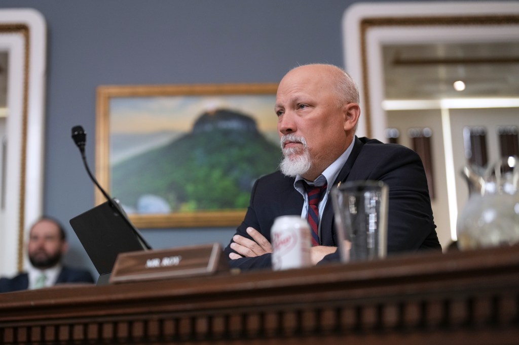 Rep. Chip Roy, R-Texas, a member of the conservative House Freedom Caucus, listens as the Republican plan to advance President Donald Trump's top domestic priorities on spending reductions and tax breaks is prepared in the House Rules Committee for a floor vote, at the Capitol in Washington, Wednesday, April 9, 2025.