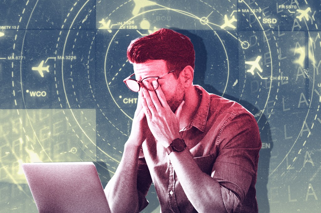 graphic showing a man at a computer rubbing his eyes under his glasses with air traffic control radar in the background