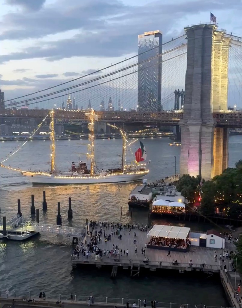 The Mexican Navy tall ship sits in the East River after crashing into the Brooklyn Bridge on May 17, 2025.