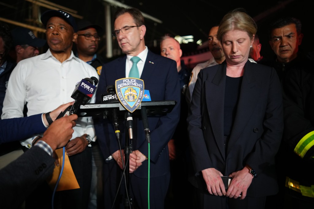 Officials including Mayor Eric Adams give an update to the press after the crash in Brooklyn.