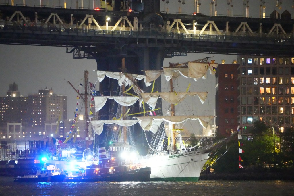The Mexican Navy tall ship Cuauhtémoc sits damaged in the water after crashing into the Brooklyn Bridge on May 17, 2025. 