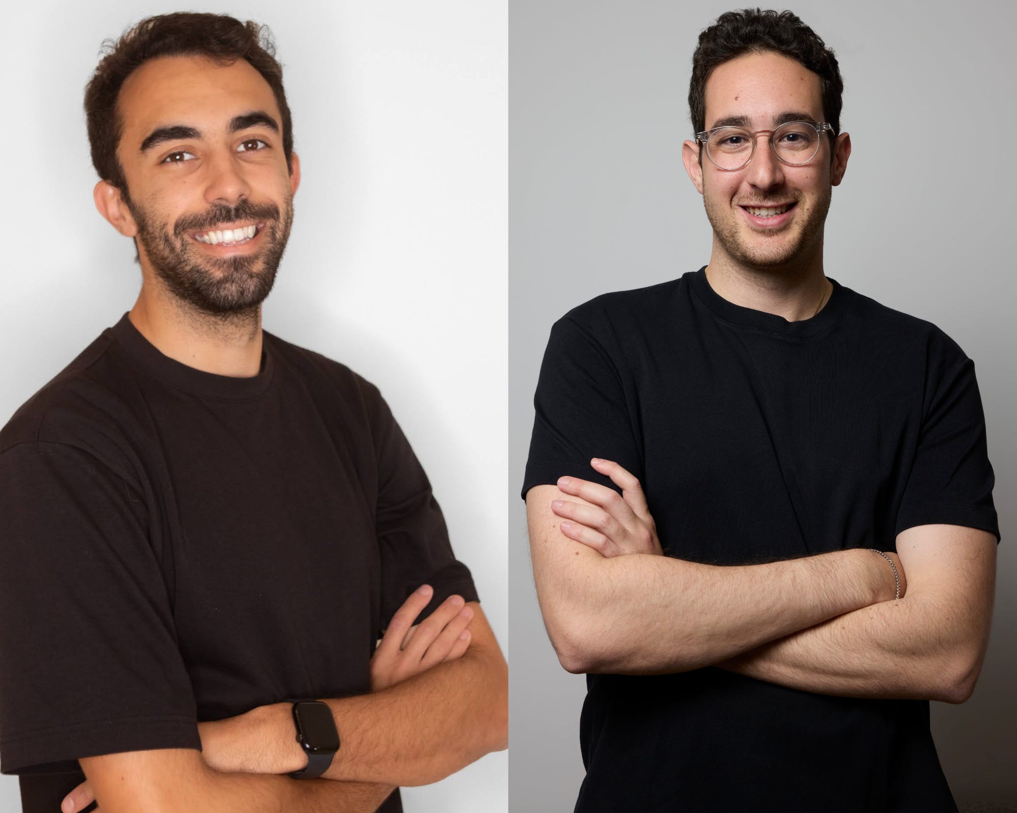 Adam Sebti, left, and Ilias Miraoui, right, both pose cross-armed in black t-shirts