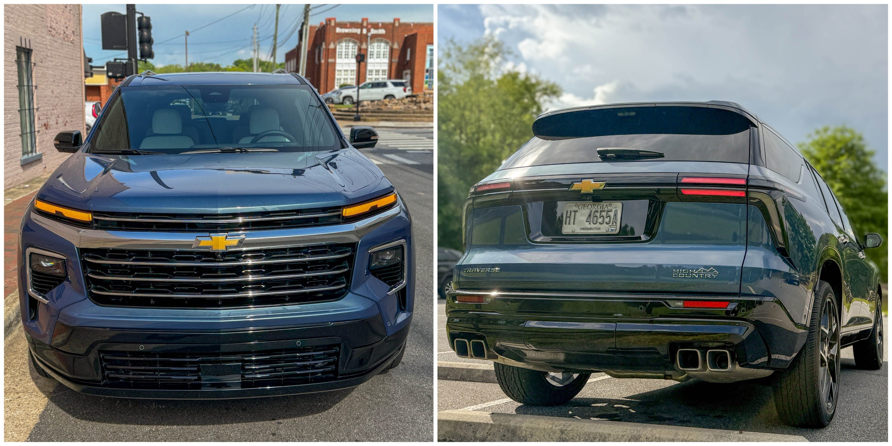 Two photos show the front and rear of a blue 2025 Chevrolet Traverse High Country midsize family SUV.