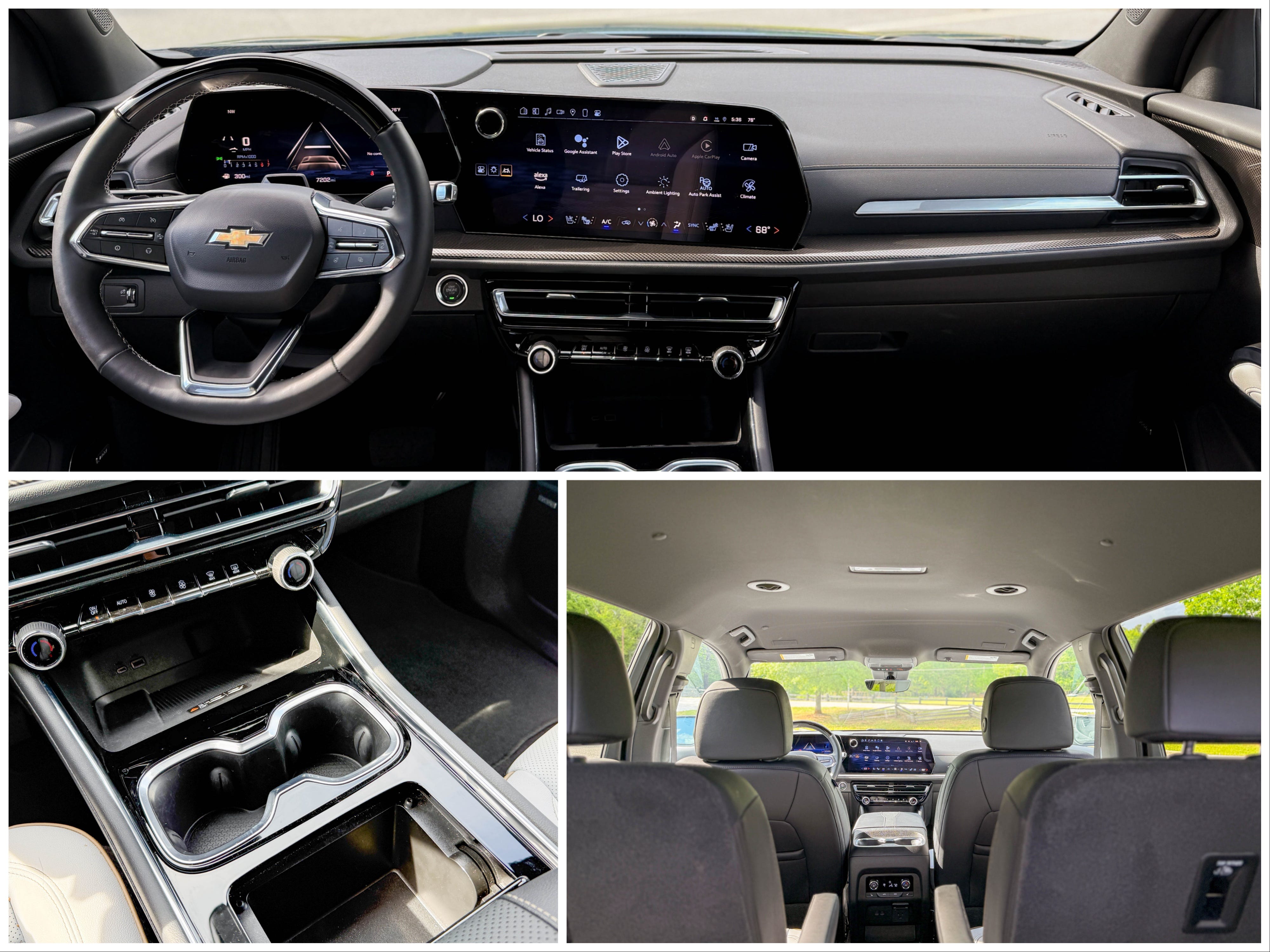 Three photos show the front dash, center console, and cabin of a 2025 Chevrolet Traverse High Country midsize family SUV.
