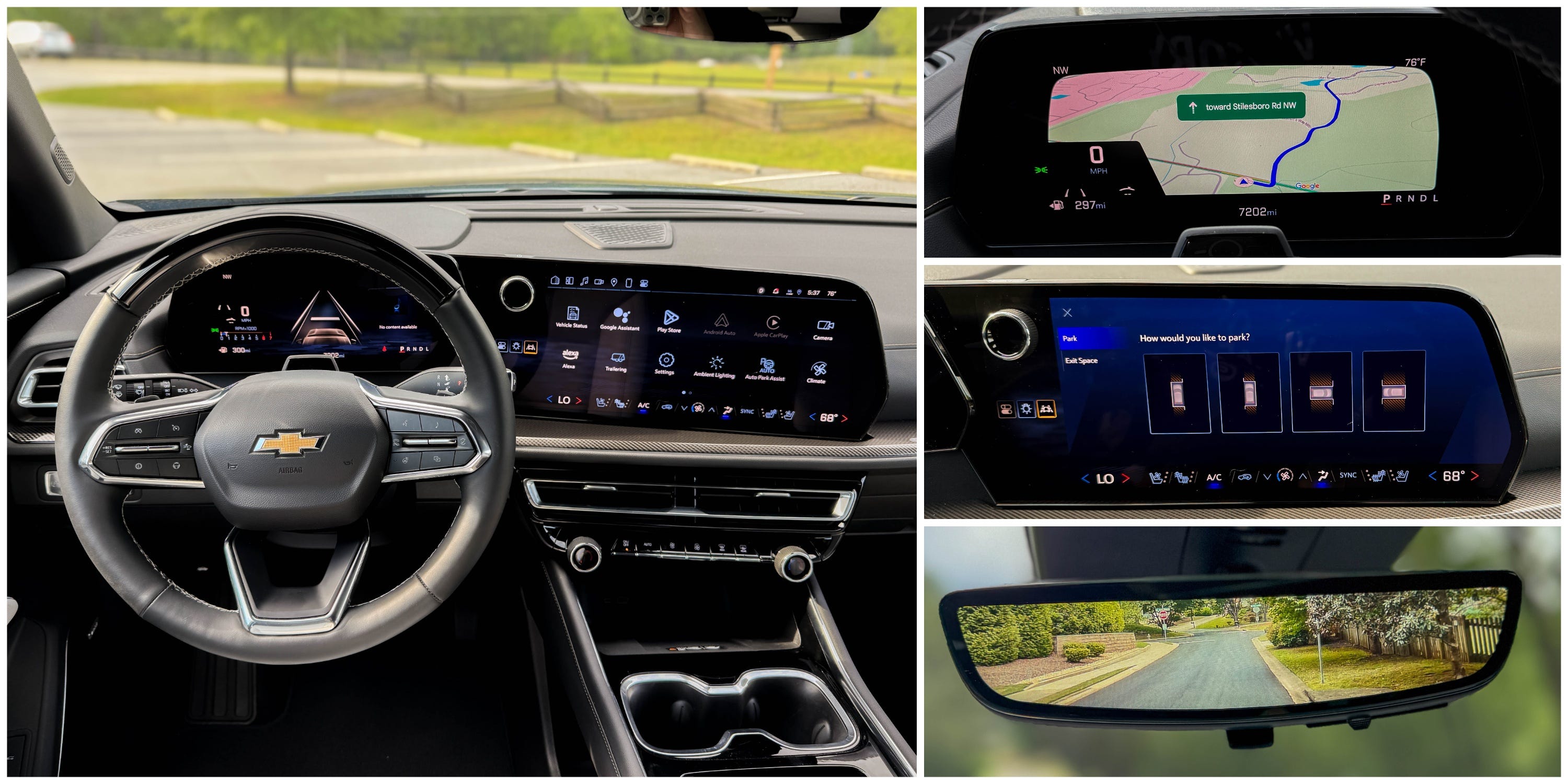 Four photos show the tech features in a 2025 Chevrolet Traverse High Country midsize family SUV.