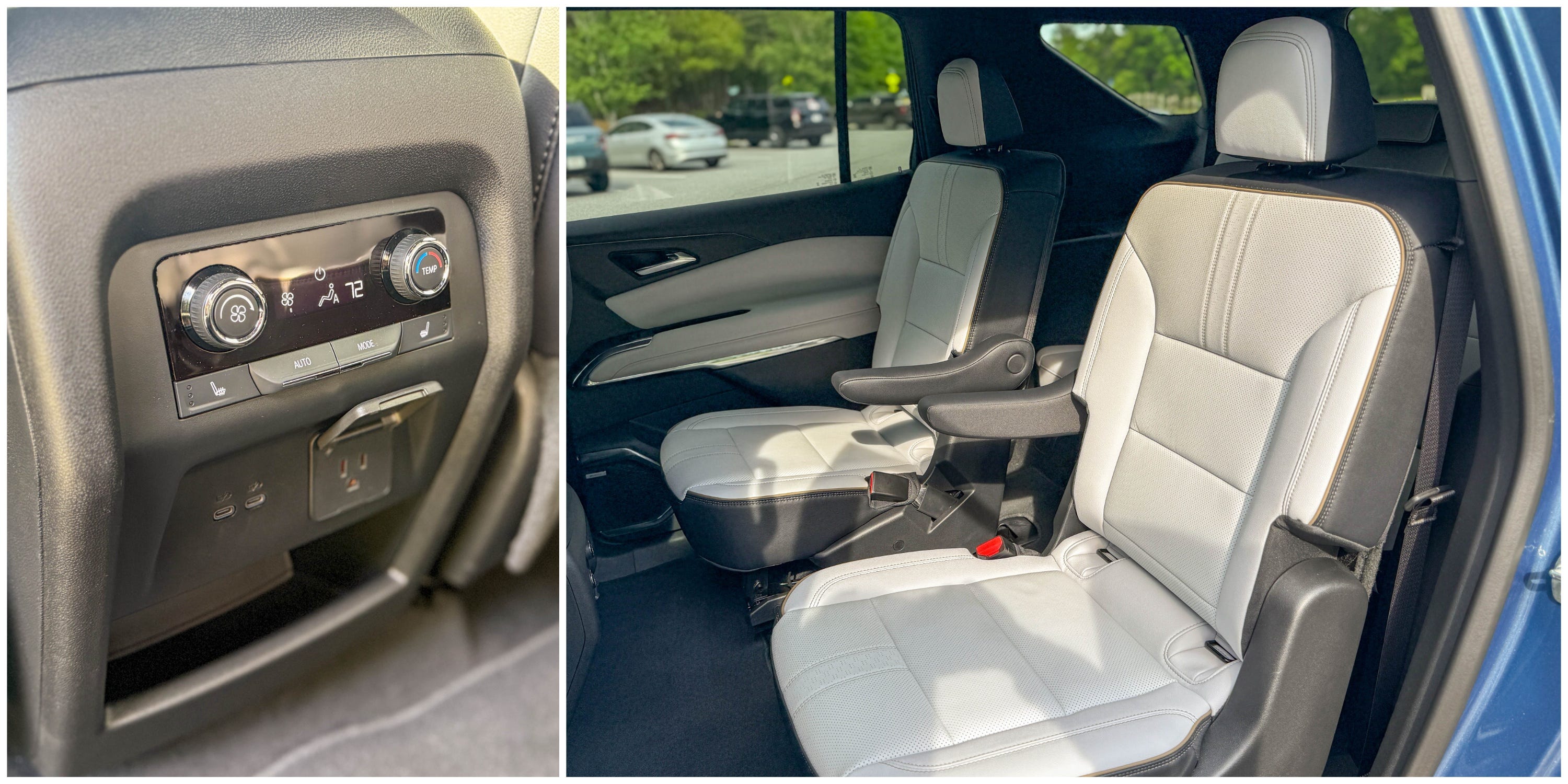 Two photos show the rear cabin climate control panel and the white leather second row captain's chairs in a 2025 Chevrolet Traverse High Country midsize family SUV.