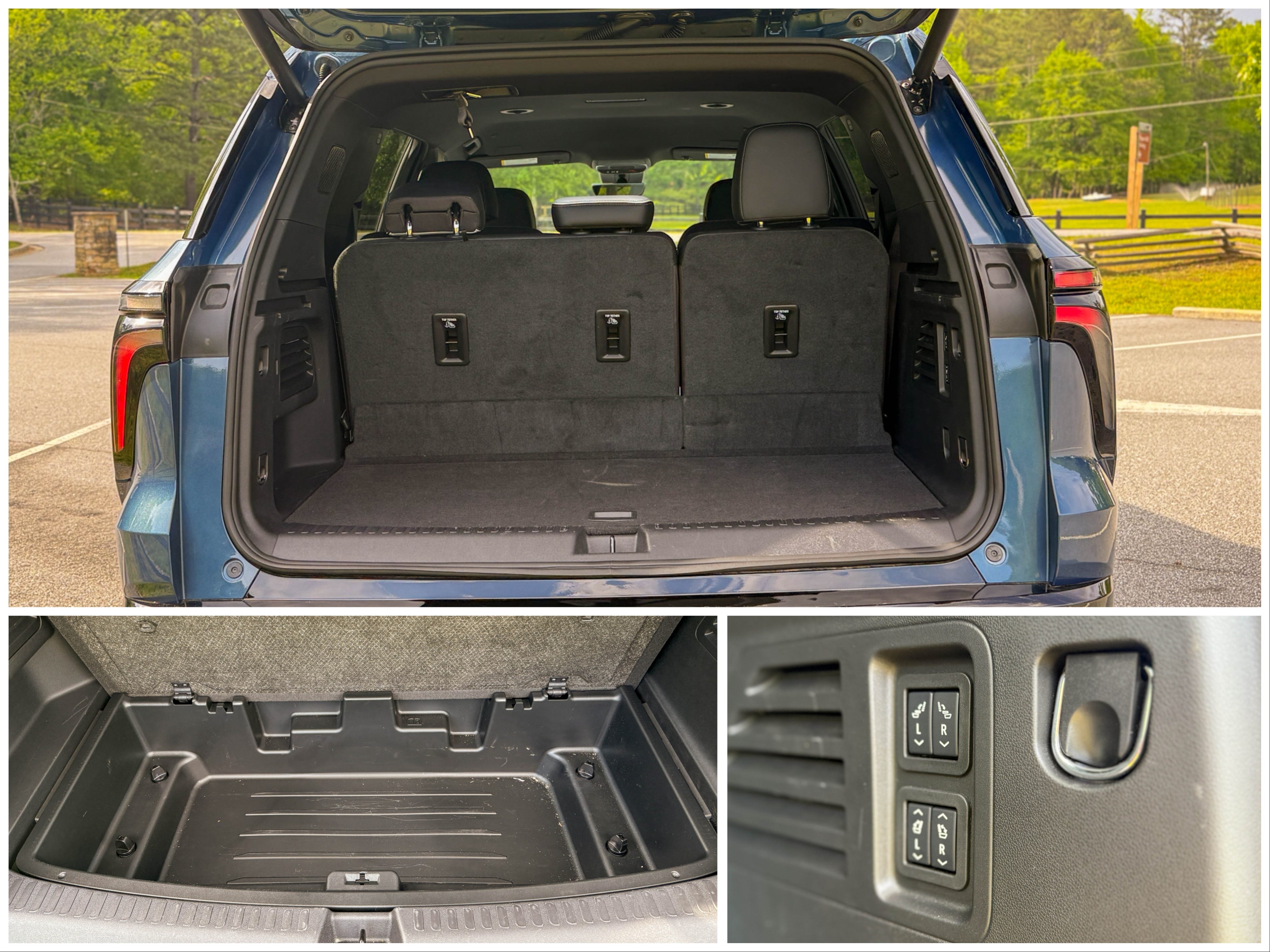 Three photos show the rear cargo compartment, underfloor storage, and power rear seat controls in a 2025 Chevrolet Traverse High Country midsize family SUV.