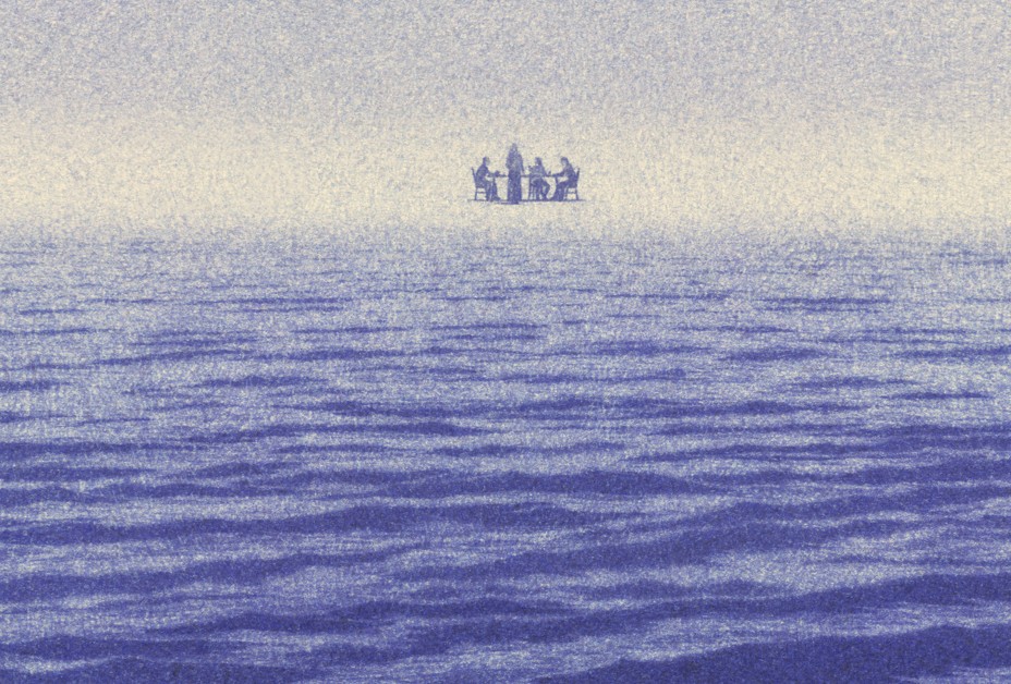 illustration of vast open ocean with hallucinated group of seated people in far distance levitating over the horizon