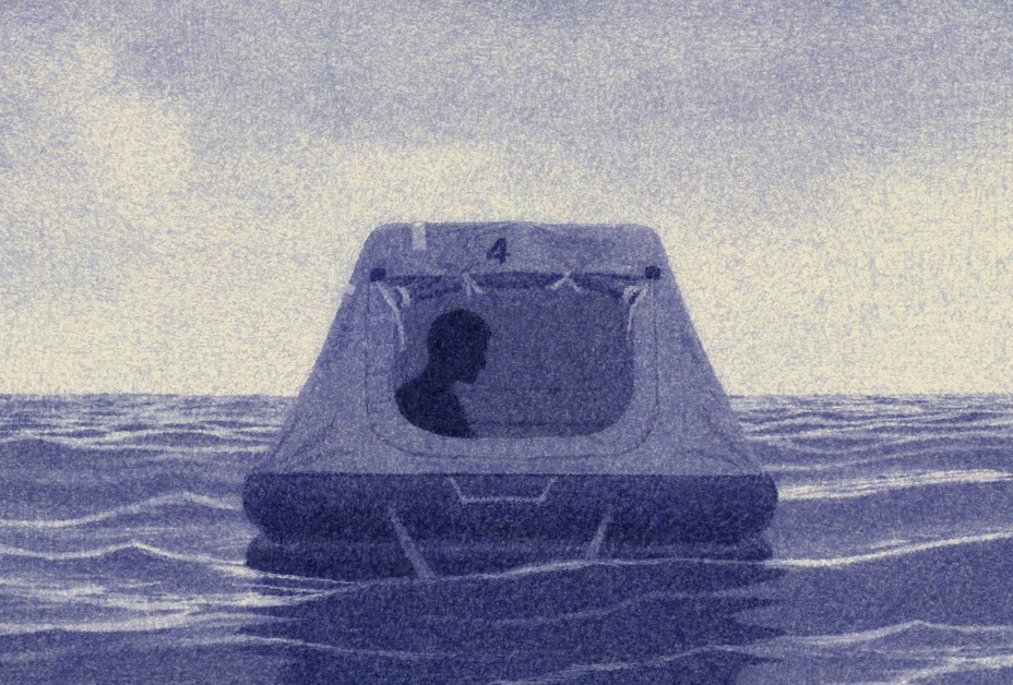 illustration of silhouetted figure sitting in tented life raft with door rolled up and tied, with endless ocean and sky behind