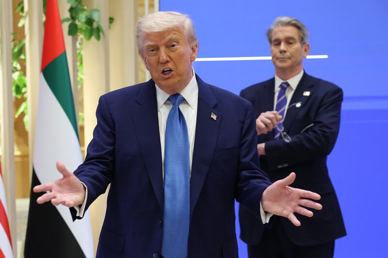 President Donald Trump speaks during a US-UAE Investment Forum alongside Treasury Secretary Scott Bessent on May 16, 2025, in Abu Dhabi, United Arab Emirates.
