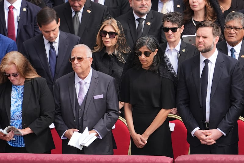Vice President JD Vance and second lady Usha Vance, Louis Prevost, brother of Pope Leo XIV, and his wife Deborah attend Pope Leo XIV's inaugural mass.