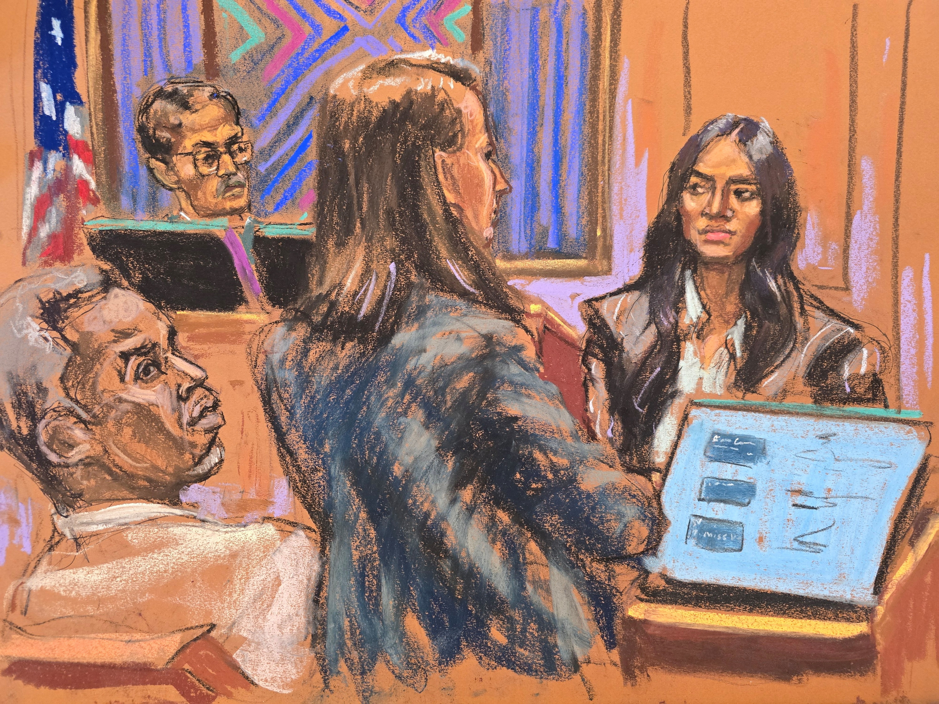 A sketch of Sean Combs watching Cassie on the stand in court