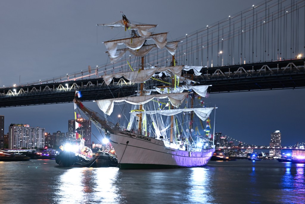 Mexican Navy ship crashes into Brooklyn Bridge.