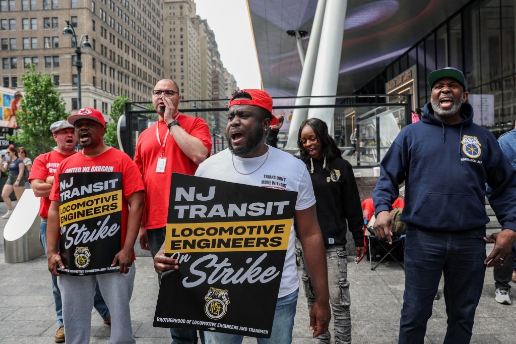 NJ Transit's locomotive engineers protesting outside Penn Station during a strike in New York City, May 16, 2025