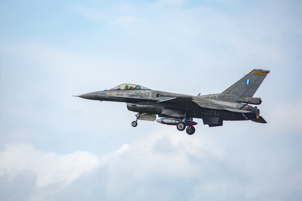 Hellenic Air Force F-16 Fighting Falcon, or Viper, landing at Kleine Brogel Air Base in Belgium