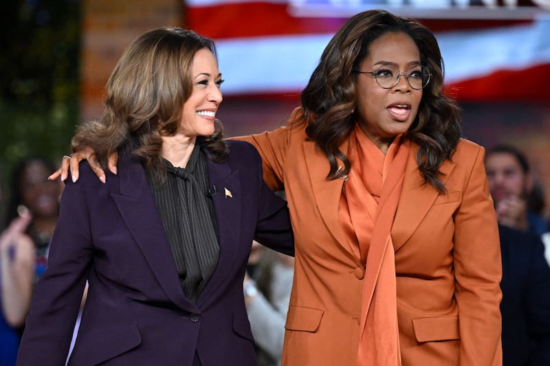 Vice President Kamala Harris joins US television producer Oprah Winfrey at a 'Unite for America' live streaming rally in Farmington Hills, Michigan, on September 19, 2024.