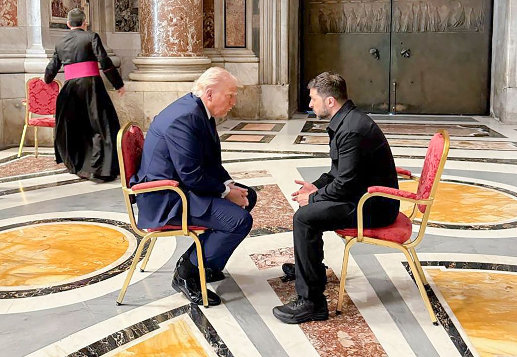 President Donald Trump and Ukrainian President Volodomyr Zelensky meet inside St. Peter's Basilica during Pope Francis' funeral on April 26, 2025.