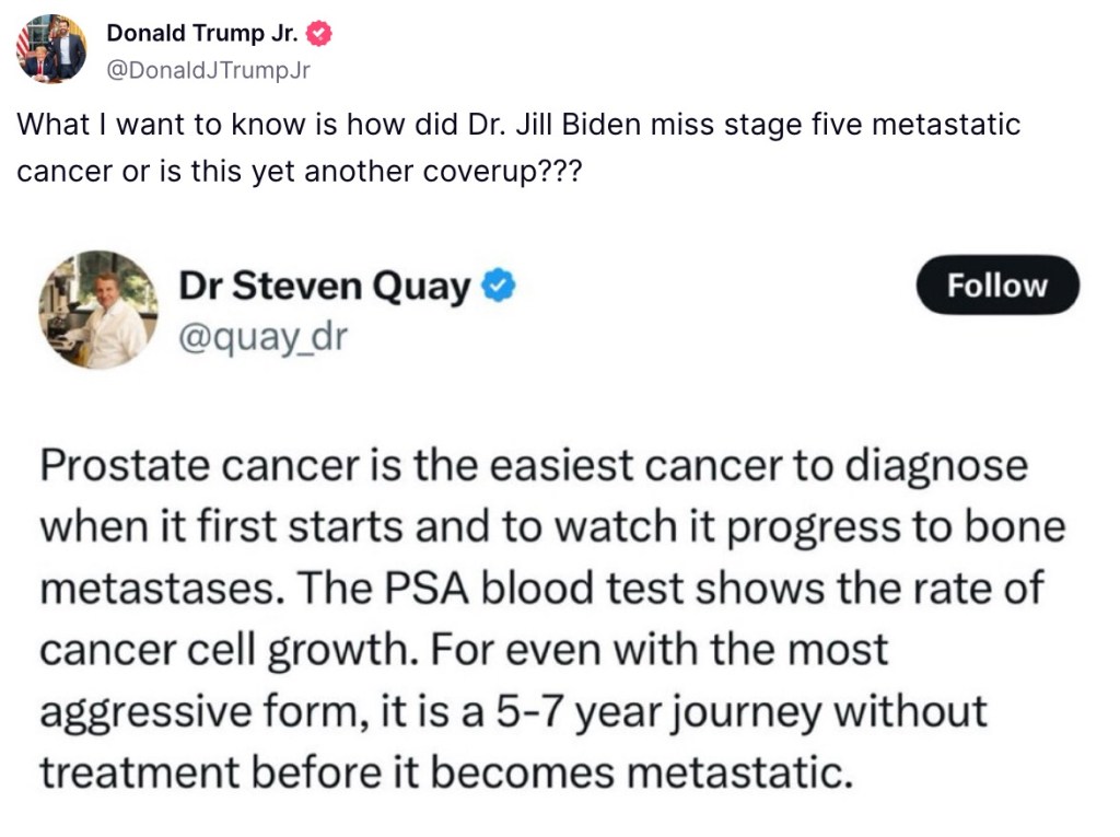 Donald Trump Jr. questions former President Joe Biden's cancer revelation in a Truth Social post on May 18, 2025.