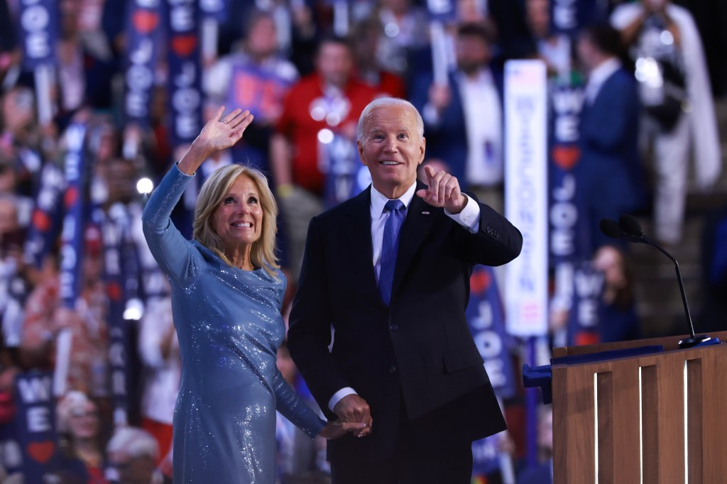 President Joe Biden and Dr. Jill Biden appear on stage during the first day of the Democratic National Convention at the United Center in Chicago, Ill. on Aug. 19, 2024.