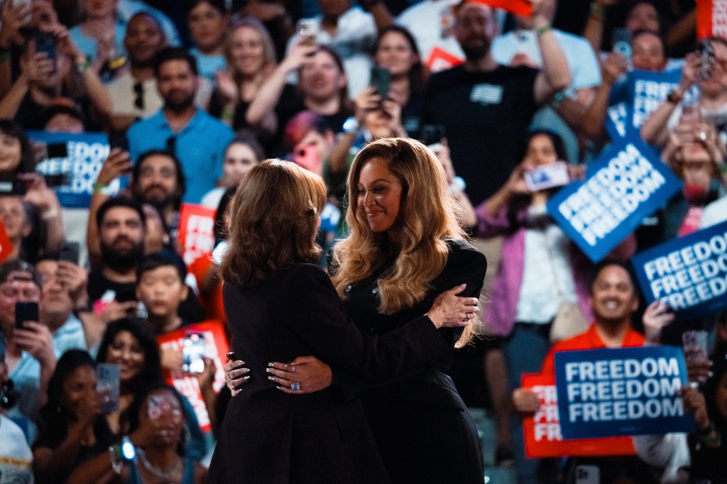 Vice President Kamala Harris embraces Beyoncé during a campaign rally in Houston, Texas on Oct. 25, 2024.