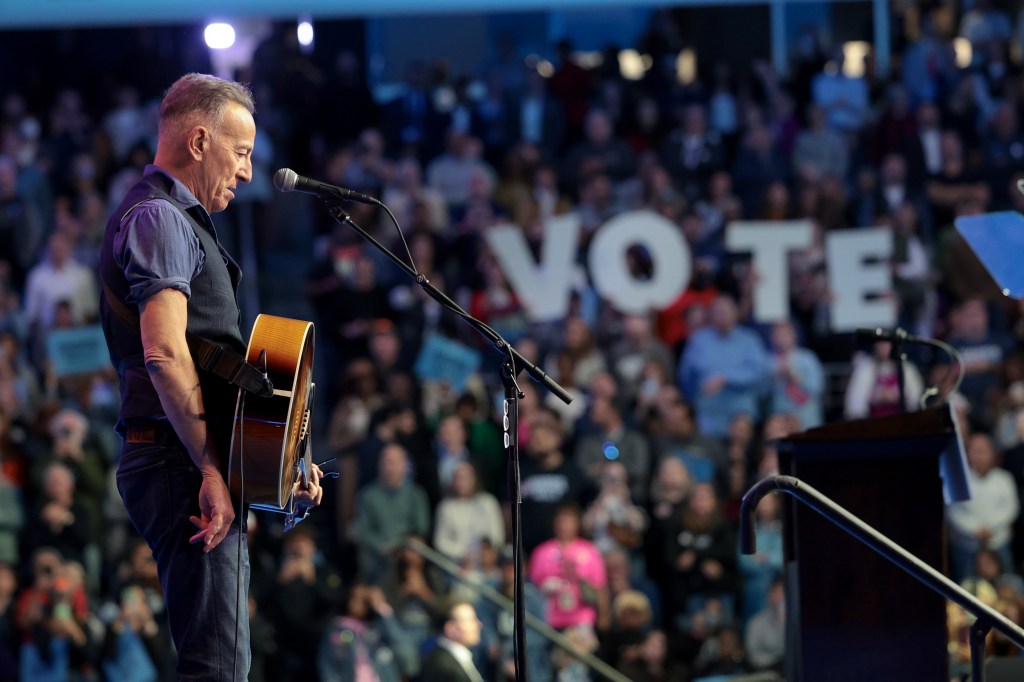 Bruce Springsteen performs on stage at Temple University before a Kamala Harris campaign in Philadelphia, Pa. on Oct, 28, 2025.