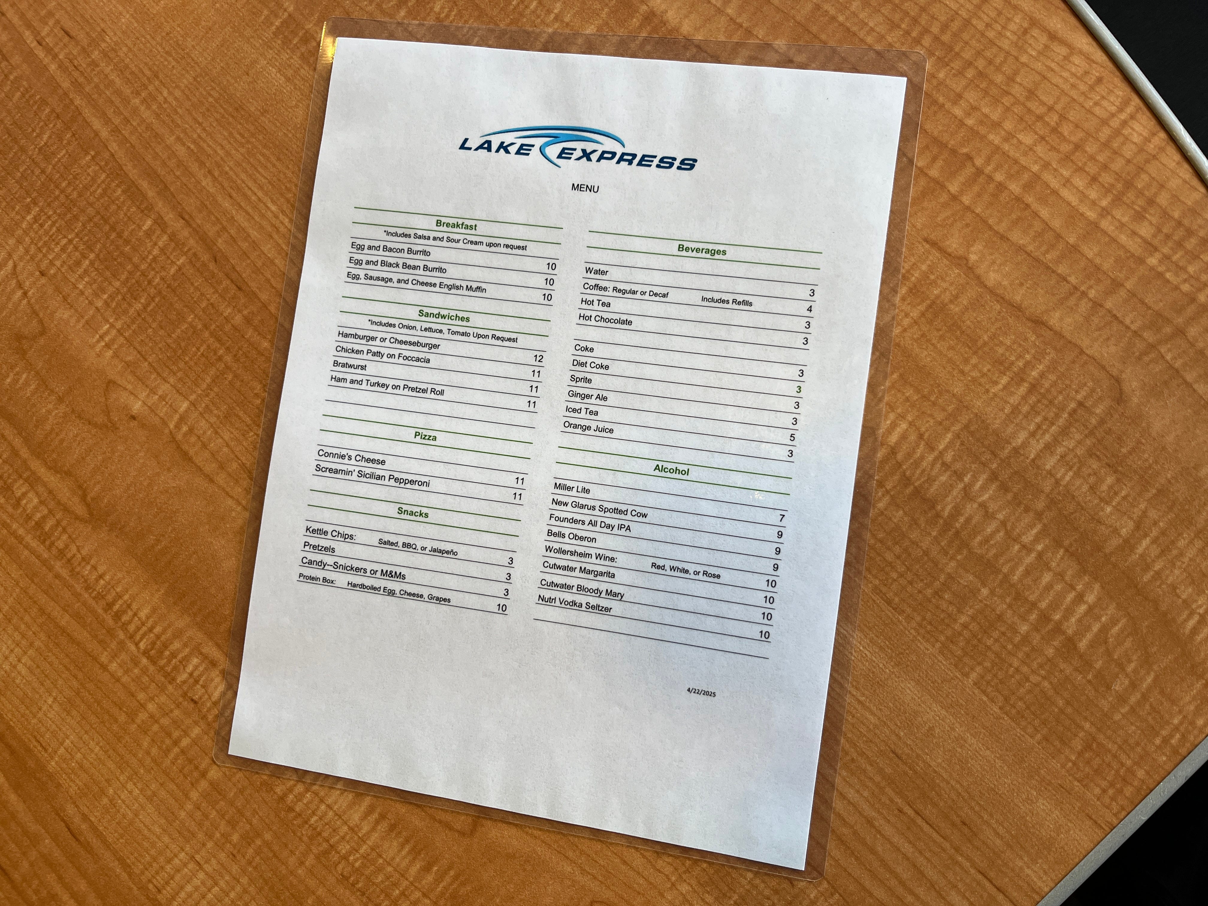 A menu on the Lake Express ferry.
