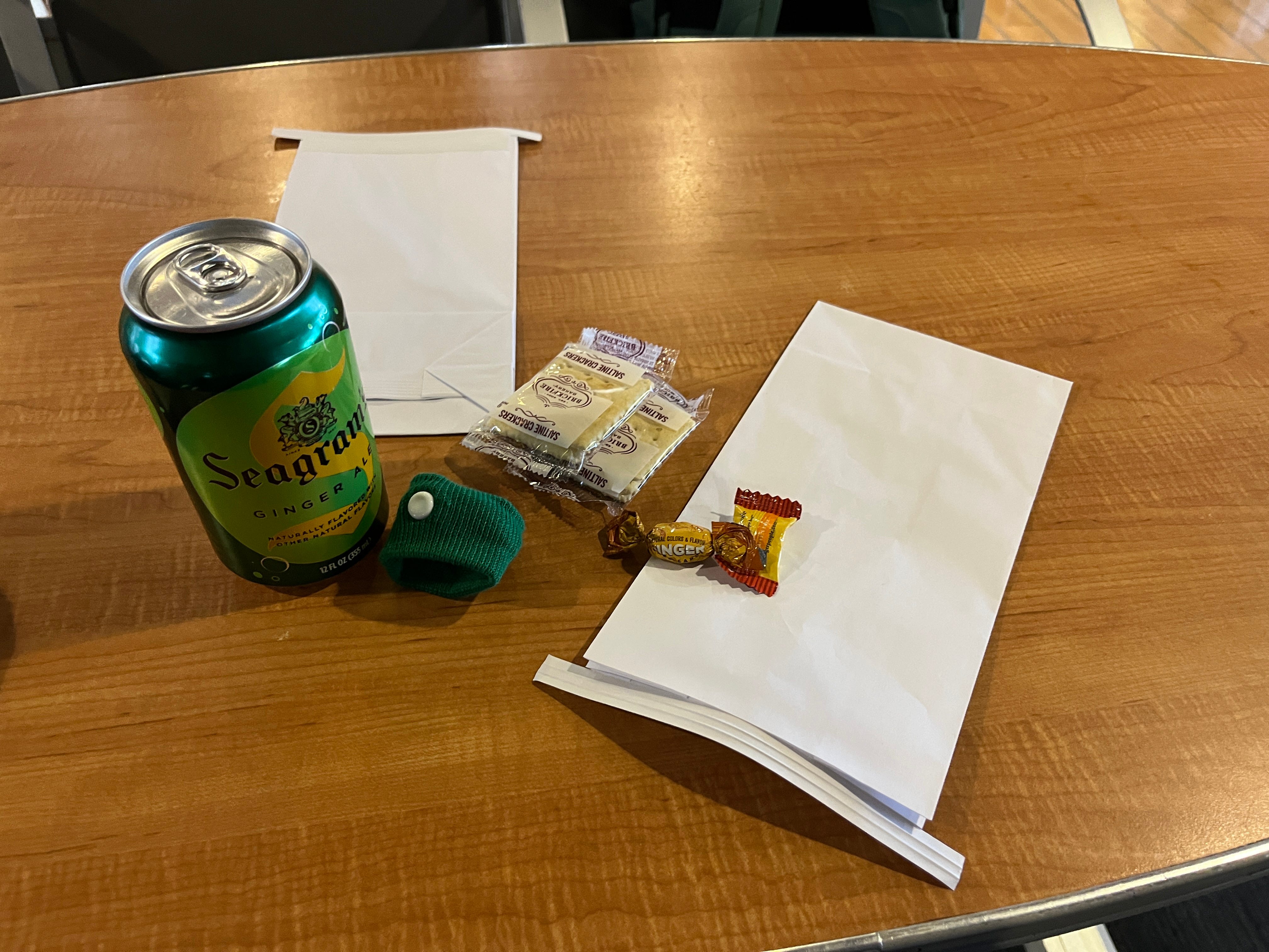 Ginger ale, barf bags, sea bands, saltines, and ginger chews on the Lake Express ferry.