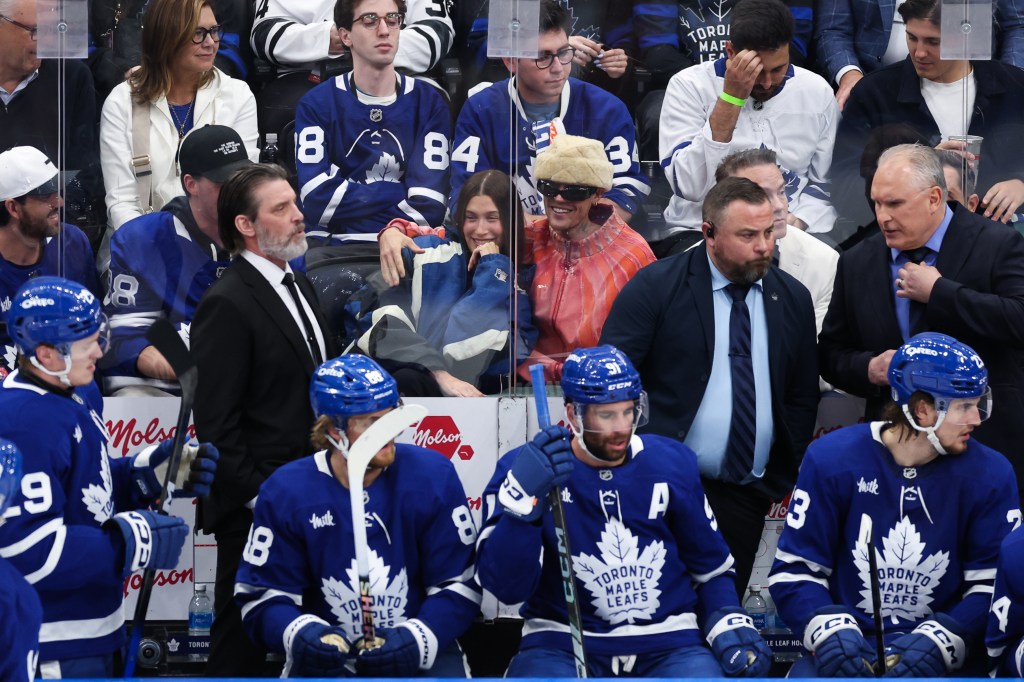Justin and Hailey Bieber at the Toronto Maple Leafs Game 7 Sunday. 