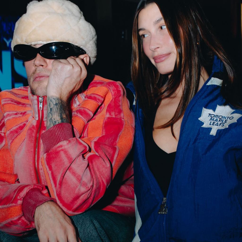 Justin and Hailey Bieber at the Toronto Maple Leafs Game 7 Sunday. 