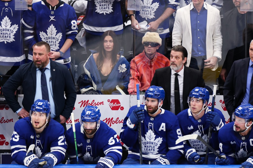 Justin and Hailey Bieber at the Toronto Maple Leafs Game 7 Sunday. 