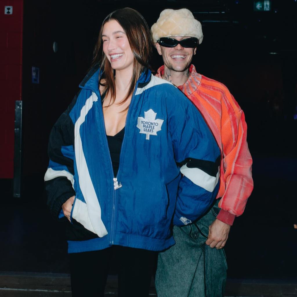 Justin and Hailey Bieber at the Toronto Maple Leafs Game 7 Sunday. 