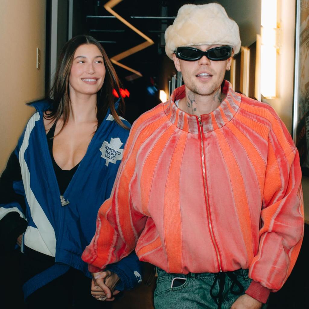 Justin and Hailey Bieber at the Toronto Maple Leafs Game 7 Sunday. 