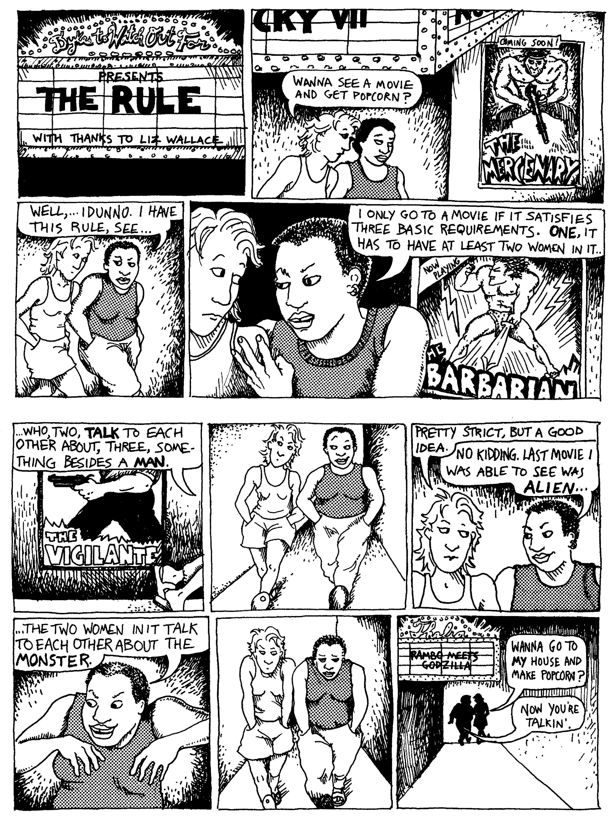 black-and-white multi-panel comic about the Bechdel 'rule' in which a movie must have at least two women in it