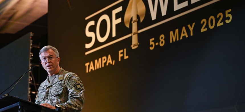 U.S. Army Gen. Bryan Fenton, commander of U.S. Special Operations Command, gives a keynote speech during the SOF Week 2025 conference in Tampa Bay, Florida, on May 6, 2025.