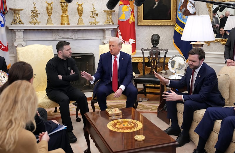 Donald Trump and Vice President JD Vance meet with Ukrainian President Volodymyr Zelensky in the Oval Office at the White House on February 28, 2025.