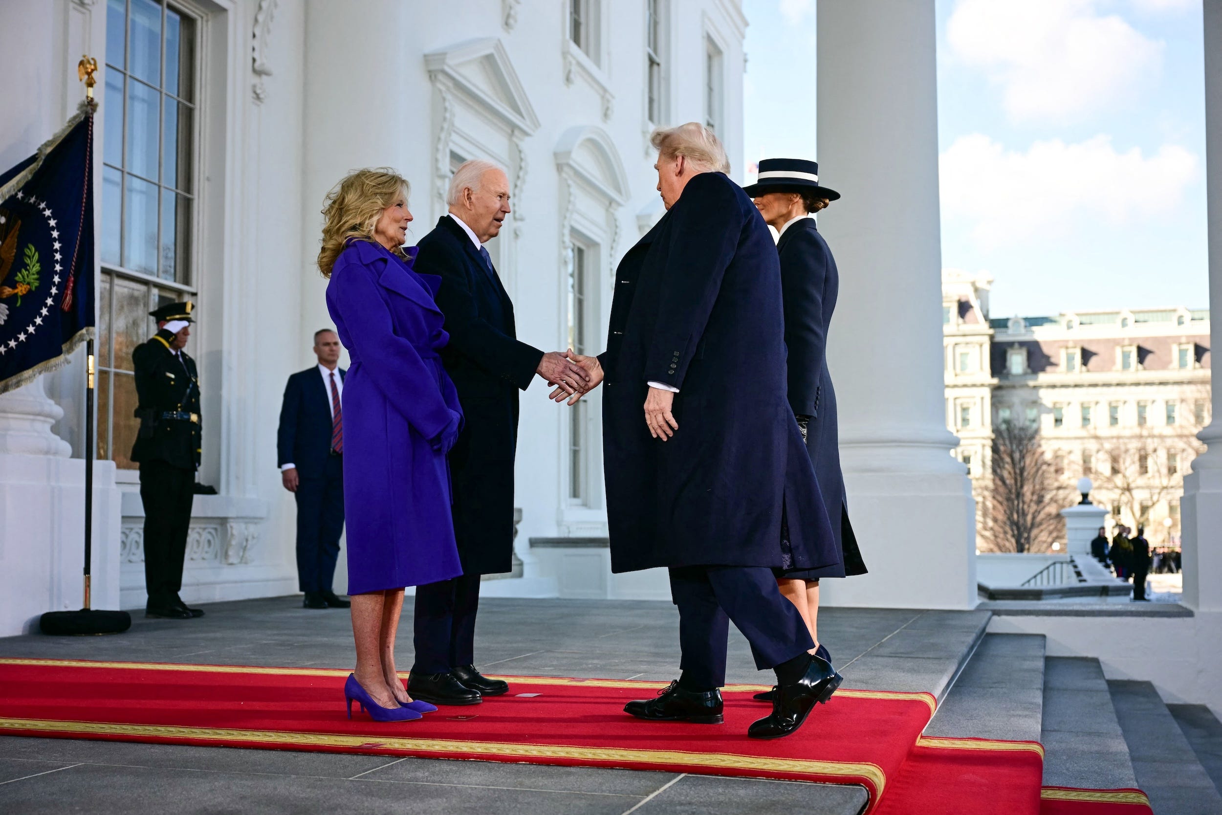 Joe Biden and Jill Biden greet Donald Trump and Melania Trump at the White House
