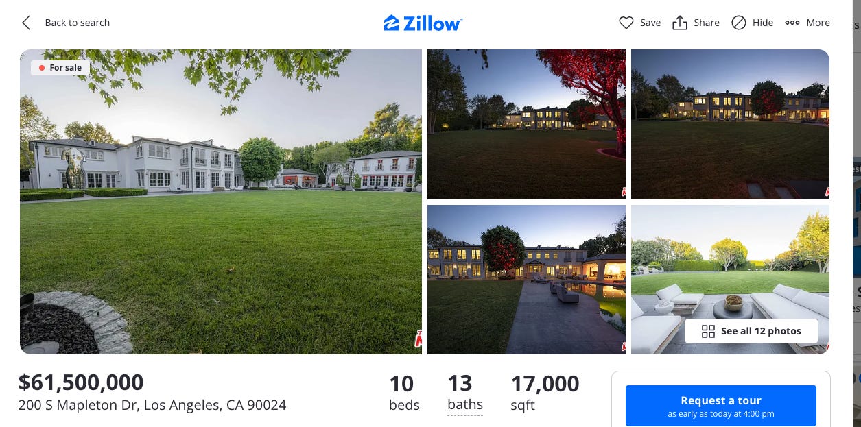 A screenshot of the Zillow listing for Diddy's LA mansion, showing photos of the exterior in daylight and dusk, a big lawn, and a seating area