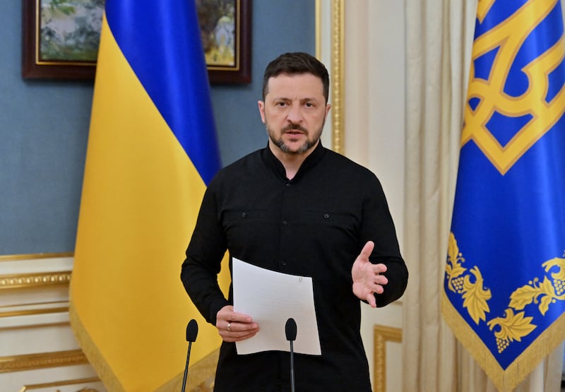Ukrainian President Volodymyr Zelensky speaking at a press briefing in Kyiv after his phone call with President Trump on May 19, 2025.