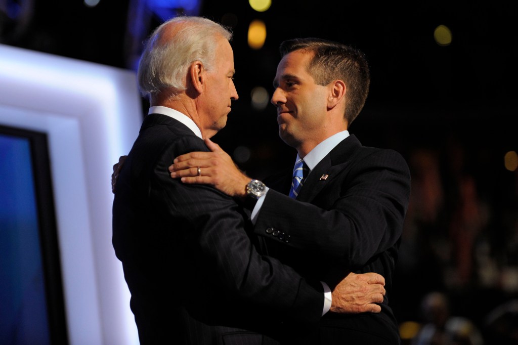 Joe Biden, a Democratic senator, hugging his son Beau Biden at the Democratic National Convention in Denver, Colorado, 2008