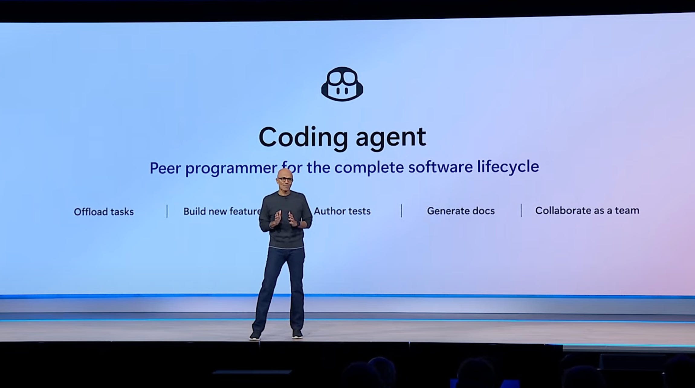 Microsoft CEO Satya Nadella talks about GitHub Copilot's new coding agent at Build 2025.