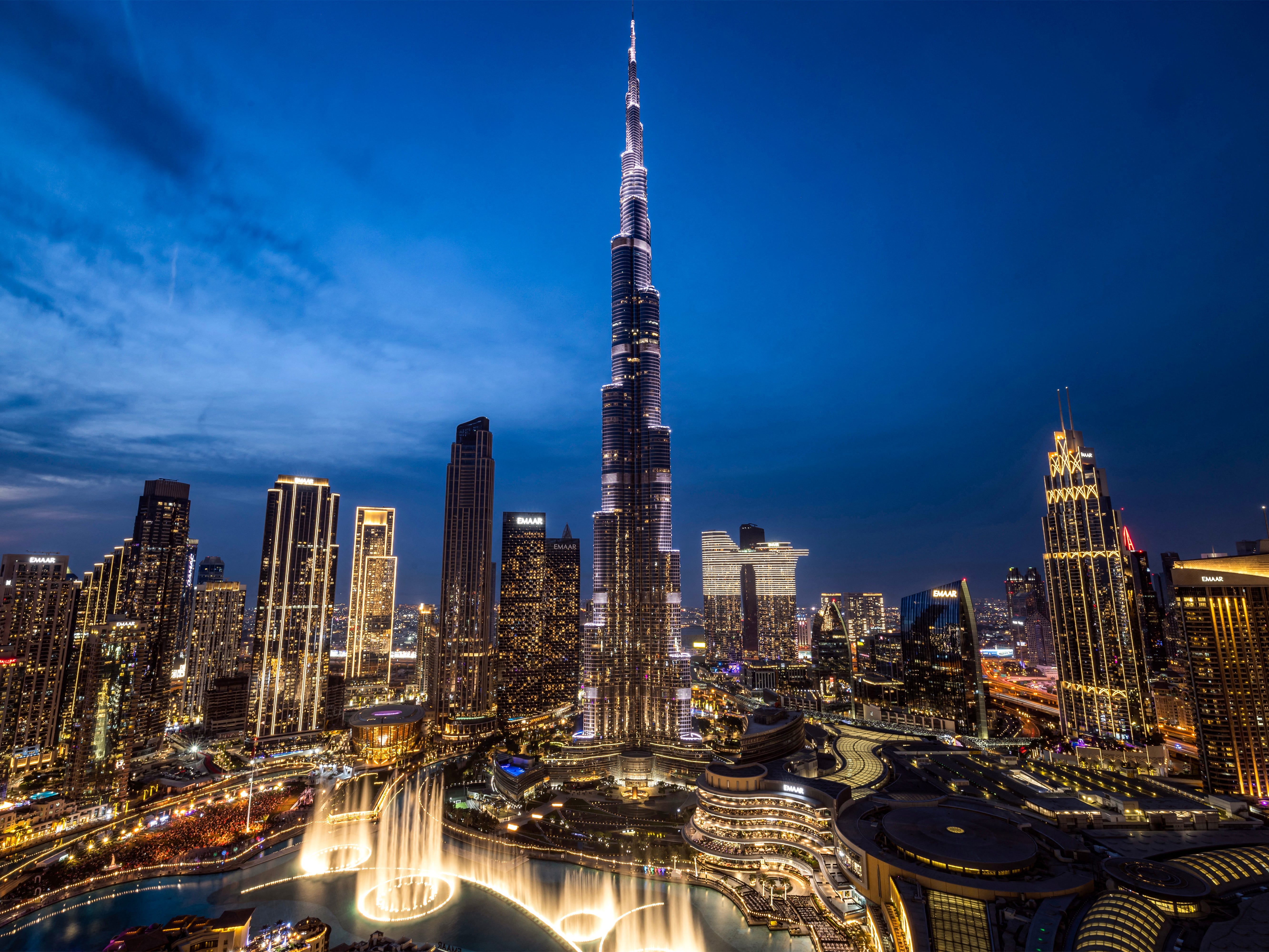 The Dubai skyline after sunset in December 2024.