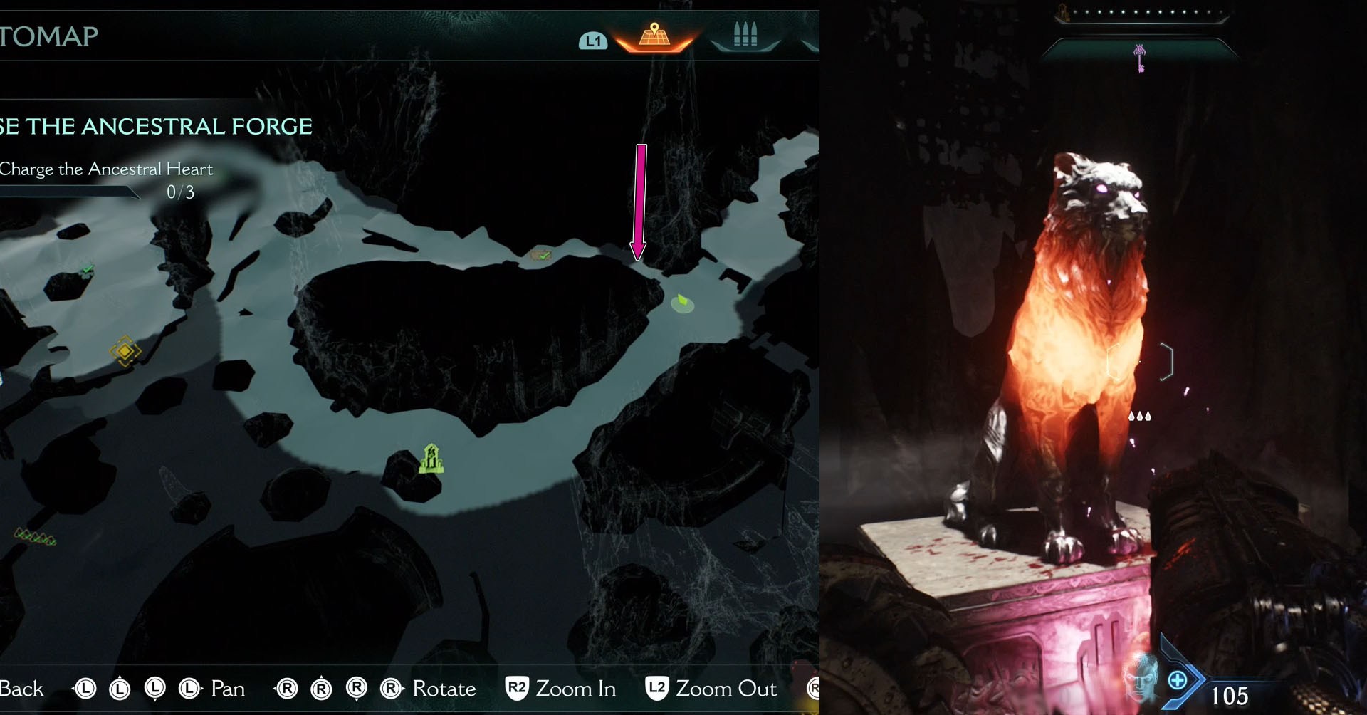The image shows part of Doom: The Dark Ages Chapter 9 map and the location of the first Wolf Statue. It is close to the initial segment of the chapter. Beside it, there a picture of a statue of a wolf.