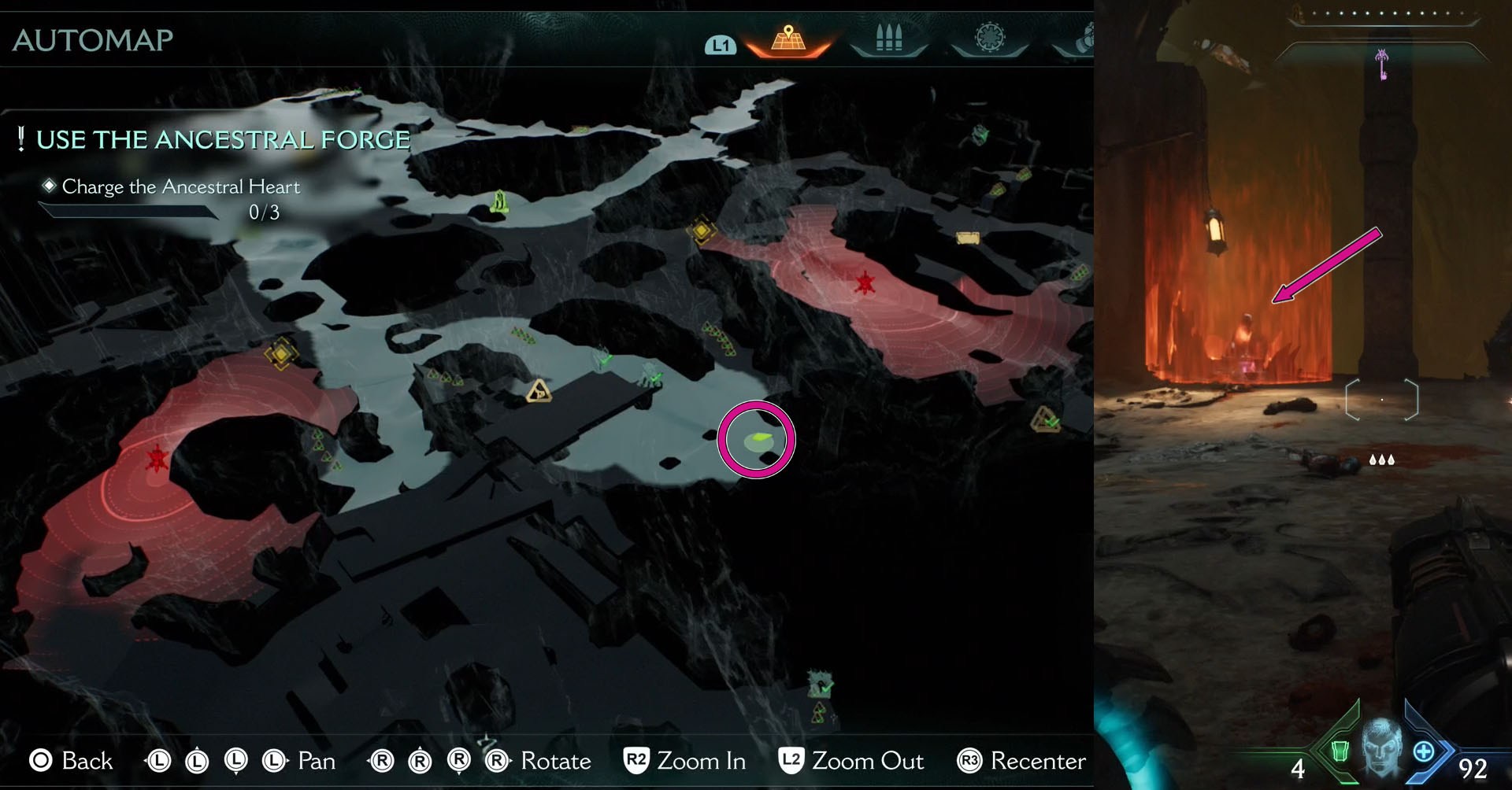 The image shows part of Doom: The Dark Age Chapter 9 map showing the location of the third Wolf Statue. It is on the right side of the map. You can also see a statue of a wolf surrounded by energy field.
