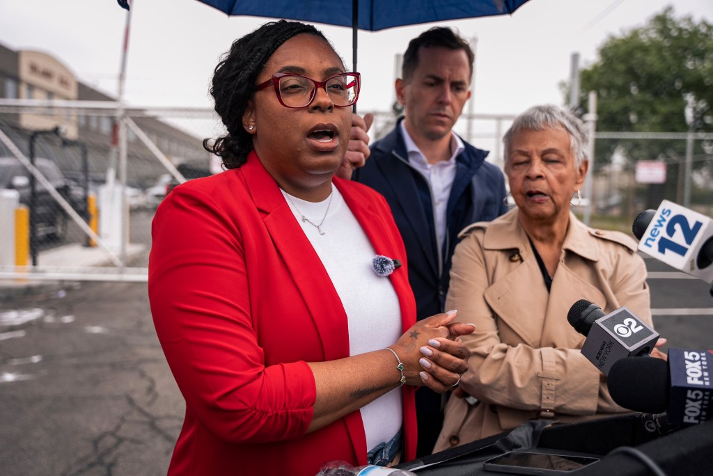 Congresswoman Rep. LaMonica McIver, D-N.J., speaks to the press after Newark Mayor Ras Baraka was arrested while protesting at Delancey Hall ICE detention prison, Friday, May 9, 2025, in Newark, N.J, 